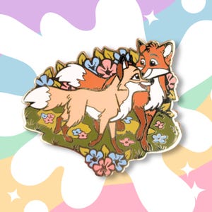 Red Foxes Couple in Floral Meadow Gold Plated Hard Enamel Pin