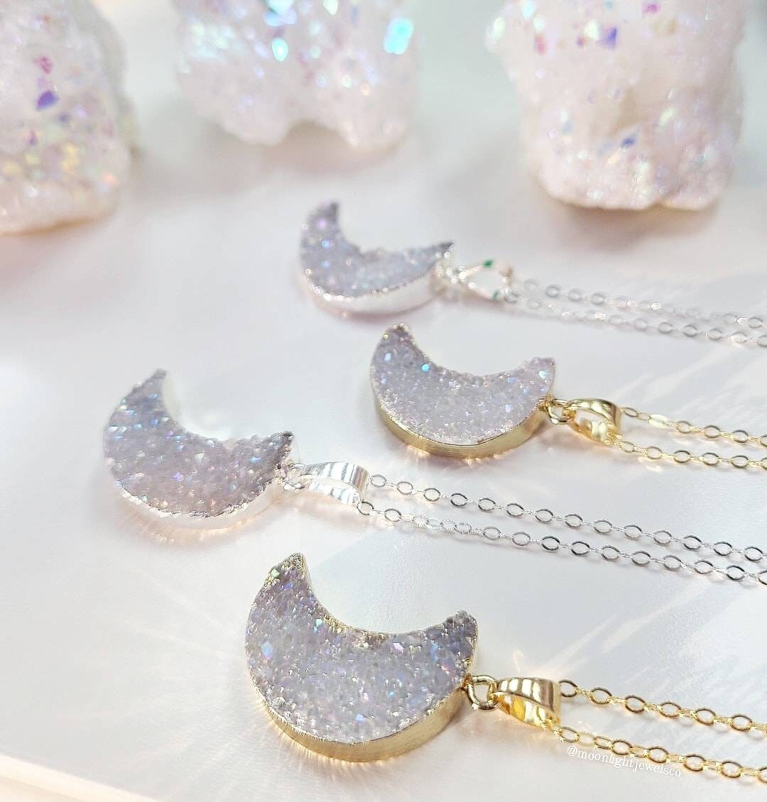 Druzy Moon Necklace; Crescent Moon Druzy; Moon Jewelry