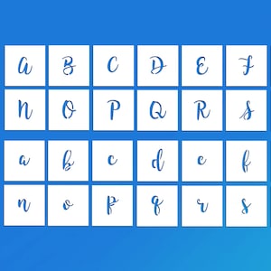 May include: A set of alphabet stencils in a cursive font, each letter displayed in a separate white square. The letters are in a teal color, and the background is a gradient of blue.