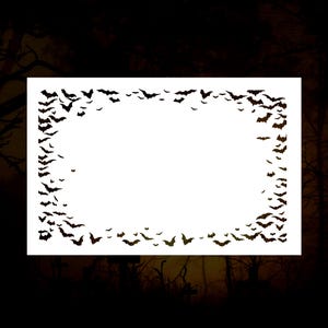 May include: A rectangular stencil featuring a border of numerous small, black bat silhouettes arranged in a swarm pattern. The center of the stencil is a large, clear white rectangular space, creating a frame effect with the bat shapes.