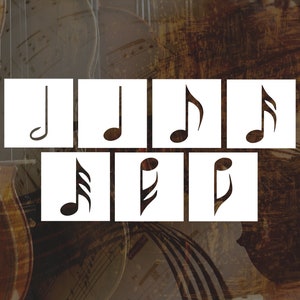 May include: A set of eight white musical note stencils, featuring different note values, including quarter notes, eighth notes, and sixteenth notes. The stencils are arranged in two rows of four, against a blurred background of musical instruments.