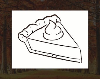 May include: A black and white line drawing of a slice of pie with whipped cream on top.