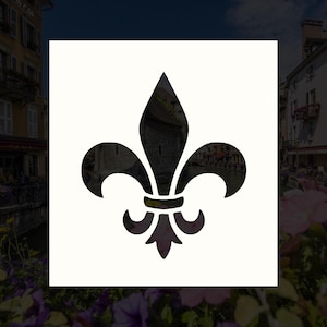 May include: A black and white silhouette of a fleur-de-lis, a stylized lily flower, on a white background.