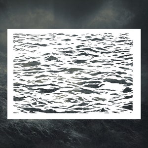 May include: A black and white abstract illustration of water waves. The image is a simple design with a repeating pattern of waves.