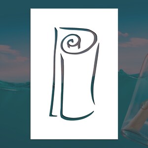 May include: A black and white line drawing of a rolled up scroll or parchment. The scroll is tied with a string and is inside a glass bottle.