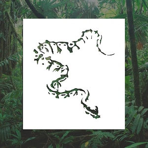 May include: A white silhouette of a snake with a camouflage pattern, set against a green background.