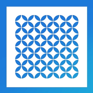 May include: A white square with a repeating pattern of blue circles overlapping to create a geometric design.
