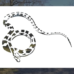 May include: Black and white silhouette of a snake curled up in a circle with its tail extending to the right.