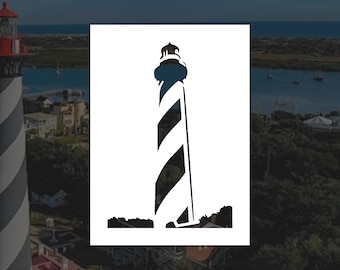 May include: A white silhouette of a lighthouse with black stripes. The lighthouse is set against a white background.