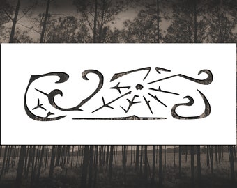 May include: A black and white stencil with a decorative design featuring a stylized sunburst with radiating lines and two swirling floral motifs on either side.