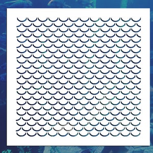 May include: A white square with a repeating pattern of black curved lines that resemble fish scales.