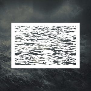 May include: A black and white illustration of a wavy ocean surface. The waves are stylized and abstract, creating a textured pattern.