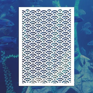 May include: White cutout design with a repeating pattern of overlapping semicircles. The design is reminiscent of fish scales or waves.