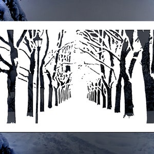 May include: Black and white silhouette of a snowy path lined with trees. The trees are bare and the path is covered in snow. The image is a simple design that would be perfect for a stencil.