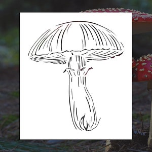 May include: Line drawing of a mushroom with a wide cap and a long, slender stem. The cap has a series of parallel lines radiating from the center.