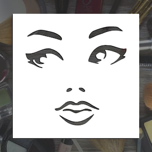 May include: A black and white stencil of a woman's face with a simple design. The stencil includes eyes, eyebrows, nose, and lips.