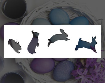 May include: A rectangular white graphic featuring four distinct rabbit silhouettes in varying poses. The first rabbit is crouching, the second stands upright, the third is mid-leap, and the fourth is jumping, all rendered in a solid dark gray color.