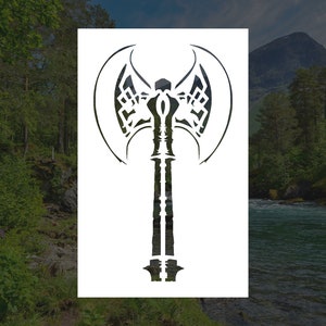 May include: A black and white stencil of a double-headed axe with intricate designs on the blades and handle.