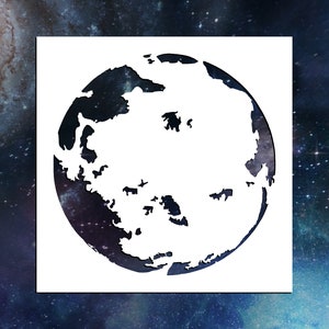 May include: A white silhouette of a planet with a large, white continent in the center, surrounded by a dark, starry background.