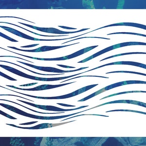 May include: Abstract white wave pattern on a blue background. The waves are layered and create a sense of movement.