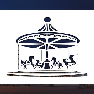 May include: A black silhouette of a carousel with a white background. The carousel has a roof with a decorative design and six horses.