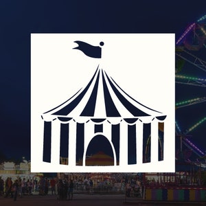 May include: A black and white silhouette of a circus tent with a striped top and a flag on top.