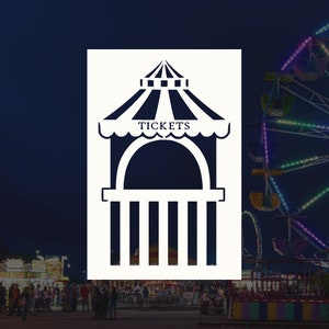 May include: A dark blue and white graphic of a ticket booth with the word "TICKETS" above the arched window. The background shows a brightly lit carnival with a Ferris wheel.