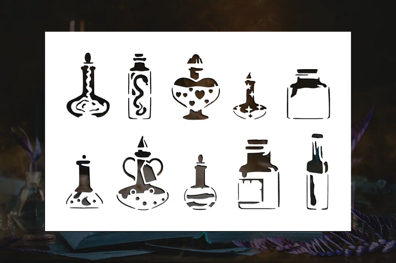 May include: A set of nine black and white silhouette stencils of various potion bottles. The bottles have different shapes and designs, including hearts, stars, and snakes.
