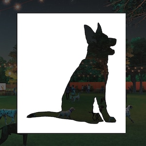 May include: Silhouette of a German Shepherd dog sitting with its head turned to the right. The dog is black and the background is blurred.