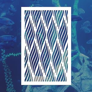 May include: A white stencil with a repeating pattern of wavy lines. The lines are arranged in a diagonal pattern, creating a sense of movement. The stencil is perfect for creating a unique and stylish design on walls, furniture, or other surfaces.