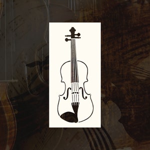 May include: A black and white violin silhouette on a cream-colored background. The violin's details are clearly defined, with strings, f-holes, and a scroll. The background has a textured, dark brown appearance with blurred violin outlines.