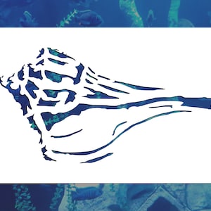 May include: A stylized illustration of a seashell in shades of blue and teal, set against a blurred aquatic background with fish. The shell's intricate design is highlighted with a white border.