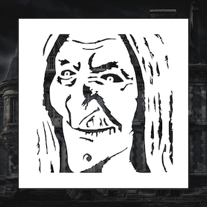 May include: Black and white illustration of a scary, ghoulish face with a wide, toothy grin. The face is surrounded by long, jagged hair.
