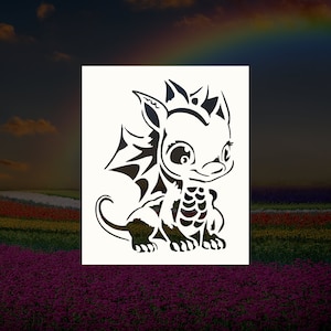 May include: Black and white silhouette of a cartoon dragon with large eyes and a small crown on its head. The dragon is sitting on its hind legs with its wings spread out.