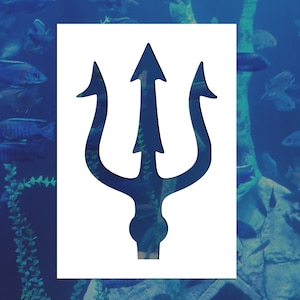 May include: A white silhouette of a trident against a blue background with fish swimming in the water.