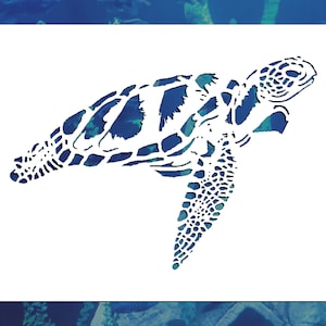 May include: A white silhouette of a sea turtle with a detailed shell pattern against a blue background.