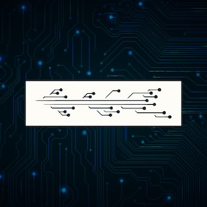 May include: A black and white illustration of a circuit board with a series of connected lines and dots.