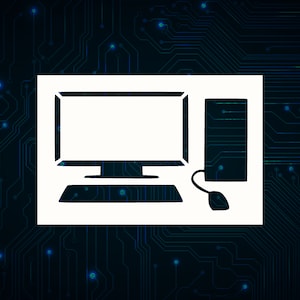 May include: A white silhouette of a desktop computer with a monitor, a tower, a keyboard, and a mouse on a dark blue background with a circuit board pattern.