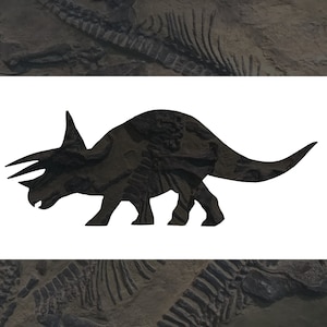 May include: Silhouette of a black dinosaur with three horns on its head, against a white background.