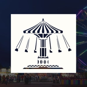 May include: Black and white silhouette of a carnival ride with a striped canopy and swinging seats.