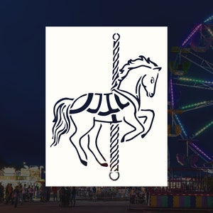 May include: Black and white silhouette of a carousel horse with a rope pole. The horse is in a standing position with its head turned to the side.