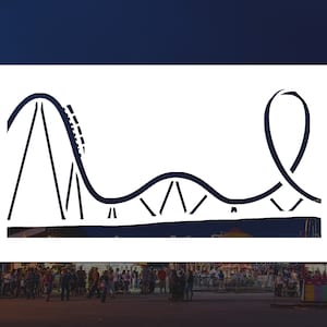 May include: A dark blue line drawing of a roller coaster with a loop-de-loop and a Ferris wheel in the background. The image is set against a night sky with a crowd of people in the foreground.
