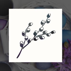 May include: A black and white silhouette of a willow branch with buds. The branch is curved and has many small buds along its length. The image is suitable for use as a stencil.