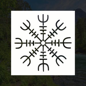 May include: A black and white illustration of a Vegvisir, a Norse directional symbol, on a white background.