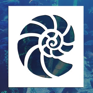 May include: A white silhouette of a nautilus shell against a blue background with a blurry image of fish.