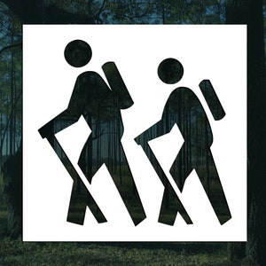 May include: Black silhouette of two people hiking with backpacks and walking sticks. The silhouette is on a white background.
