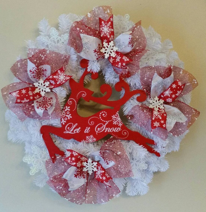 Let It Snow Reindeer White Wreath Winter Wreath Storm Door Wreath White And Red Wreath