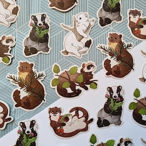 Mustelid mustelidae woodland critters vinyl sticker - badger otter ermine ferret polecat pine marten raccoon skunk
