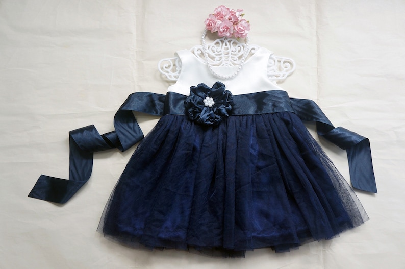 Ivory tulle flower girl dress Navy blue girl dress Flower girl dresses Little girl dress Country flower girls