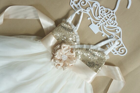 champagne sequin flower girl dress